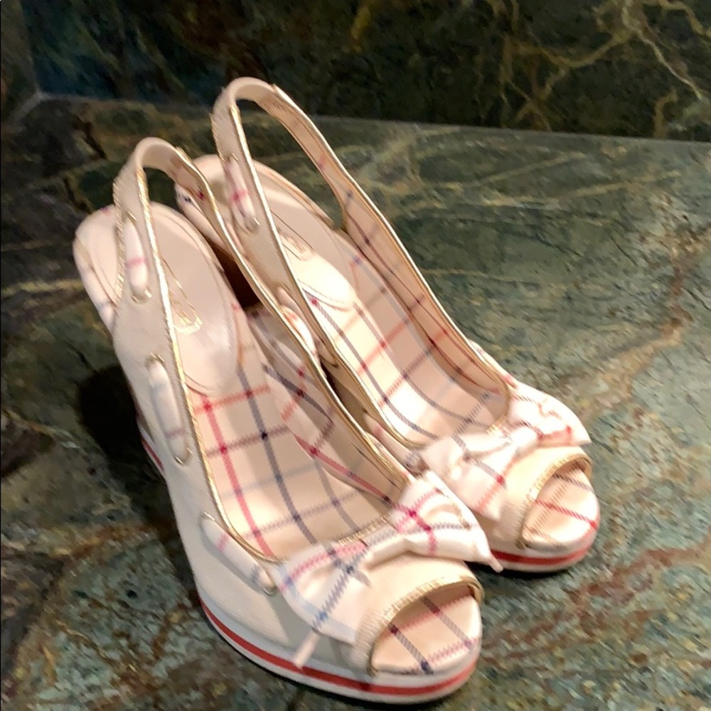 Coach summer wedge with plaid detail